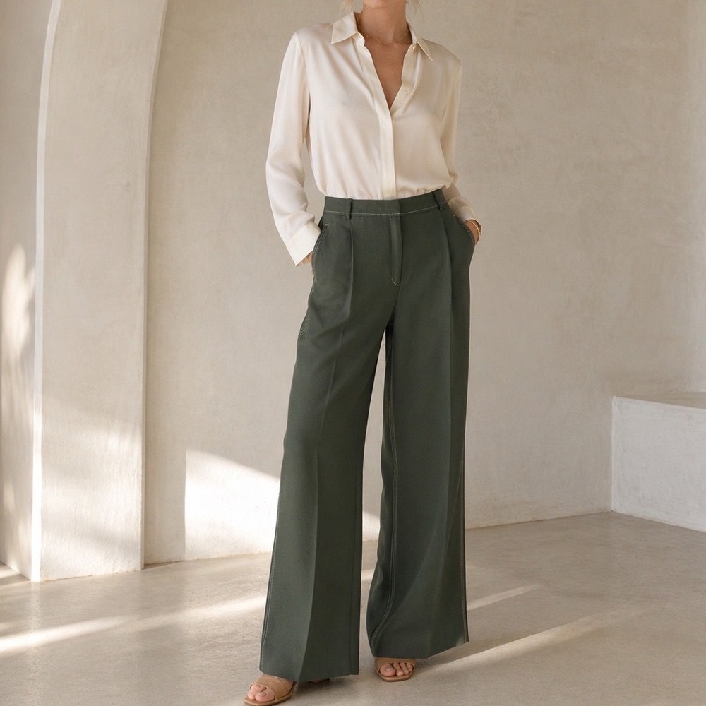 M.M.LaFleur Arlo Breeze Pant Women 16 Dusty Pine Wide Leg Everyday Crepe Cropped